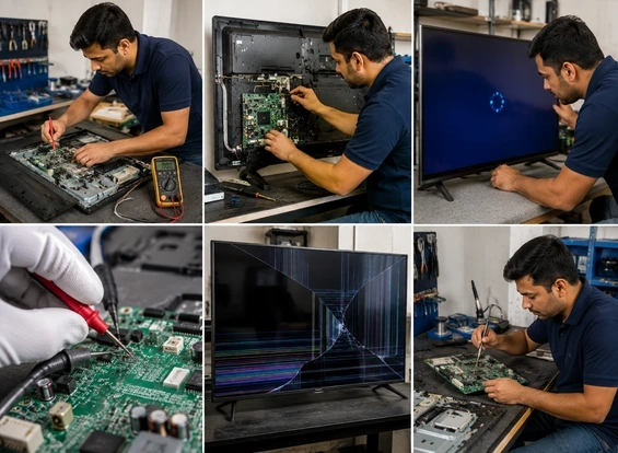 TV repair technician fixing a television